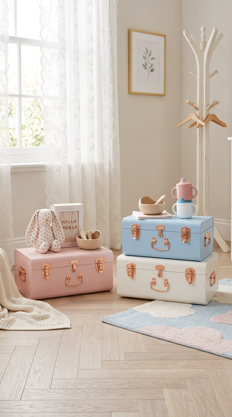 Bespoke baby keepsake trunks in pink, powder blue, and ivory in a sunlit nursery