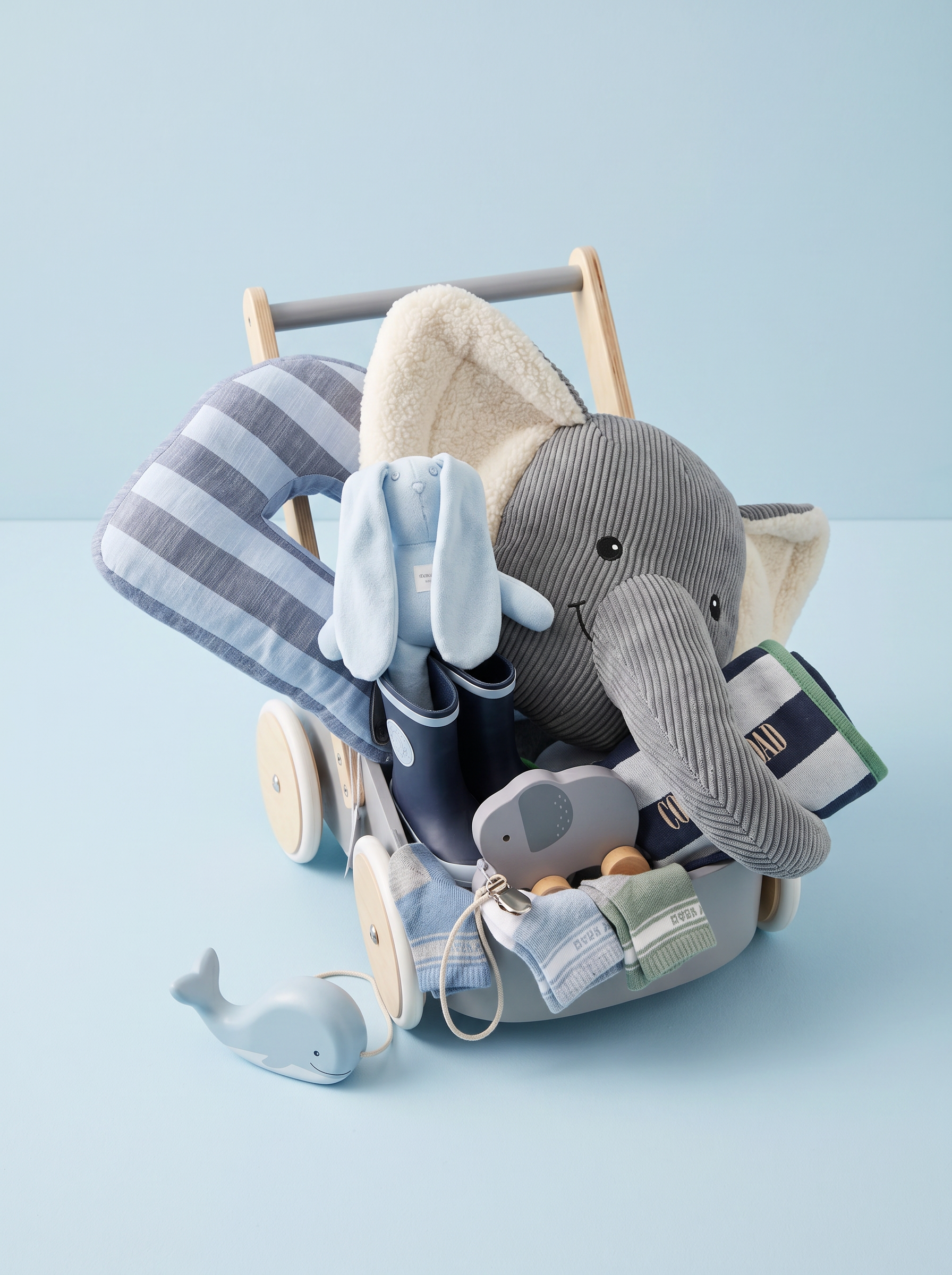 Bespoke blue keepsake cart styled with a grey elephant, blue bunny, blanket, gumboots and balloon